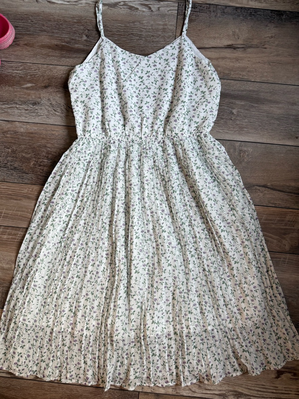 Hayden Cream Floral Pleated Sundress with Green and Purple Accents